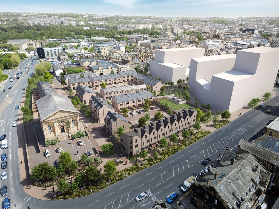 CGI aerial image of an urban – but leafy – landscape, with rows of modern houses in the centre.