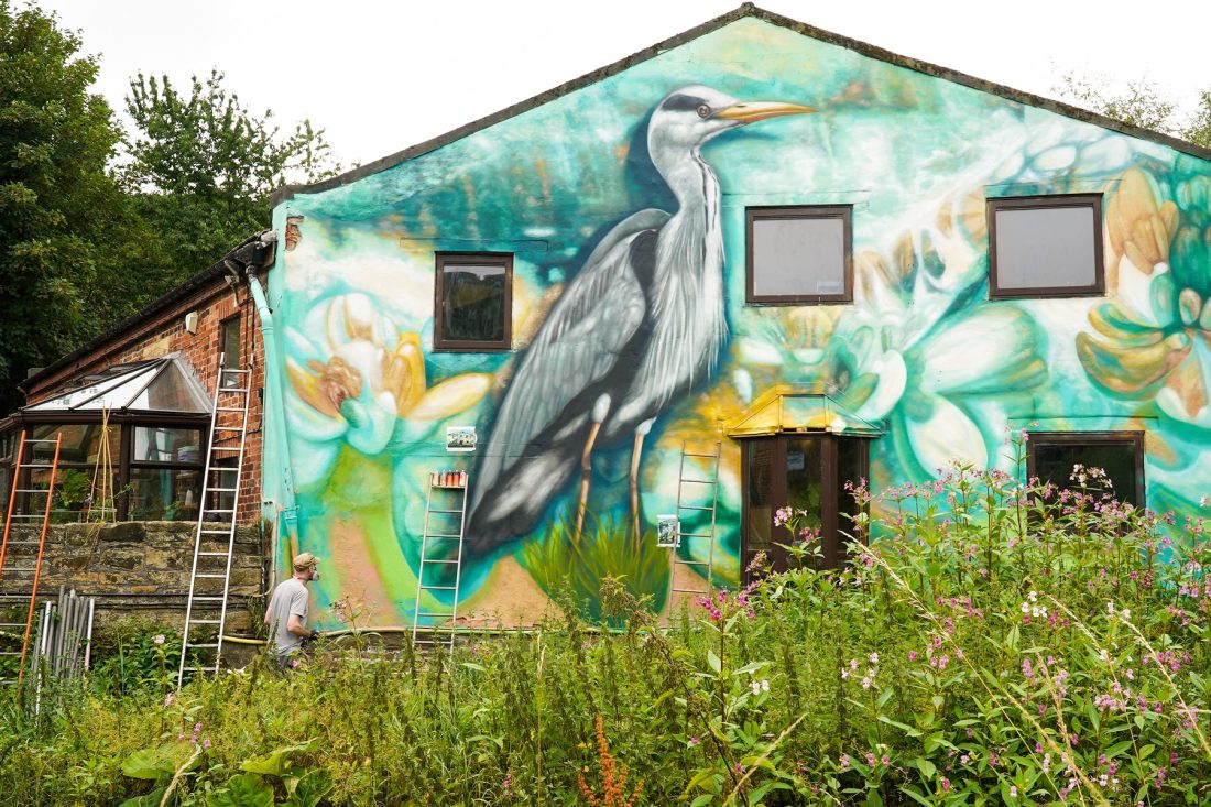 Photo of a large and bright mural of a heron, painted across the side of a building.