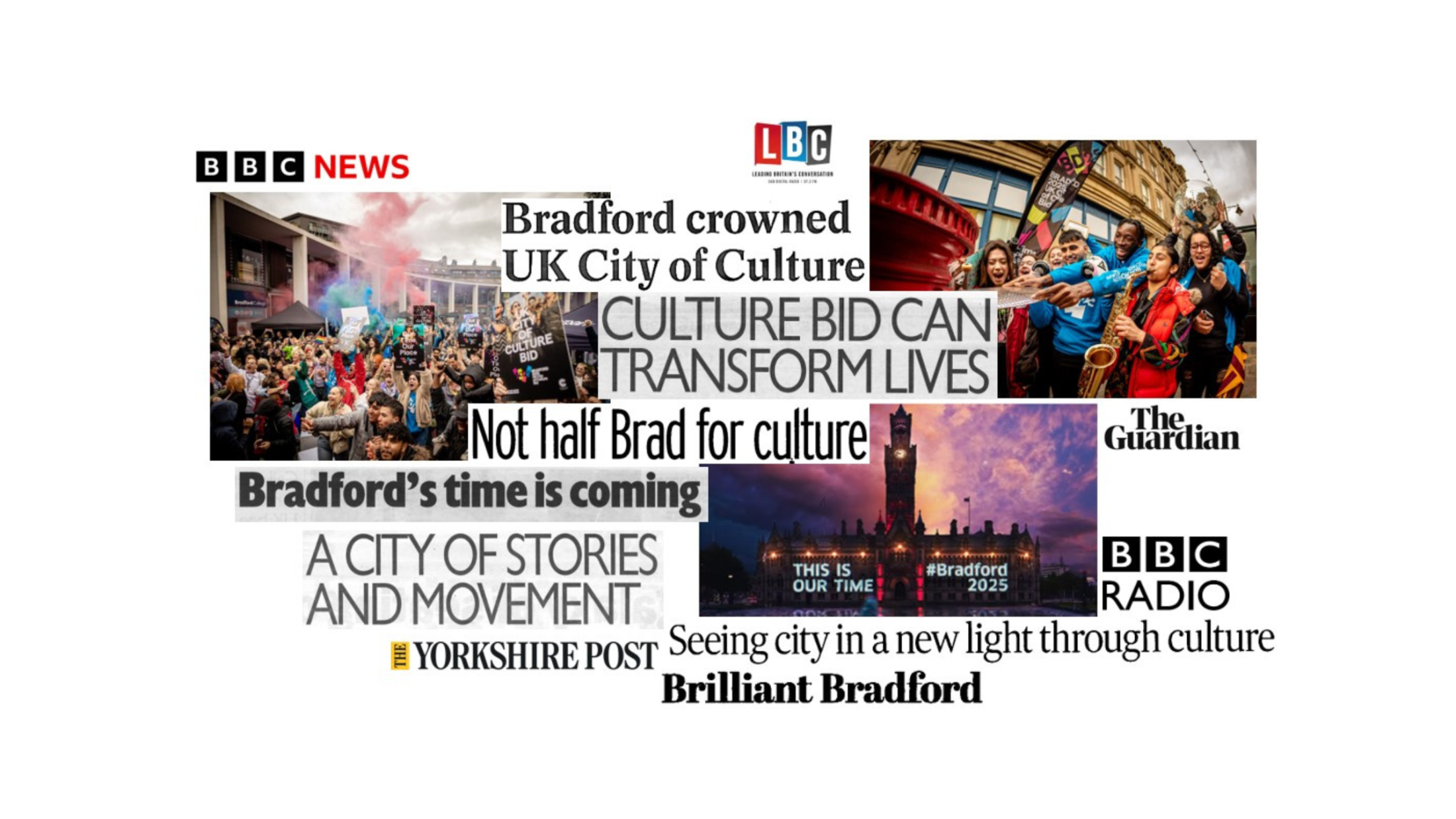 A collage of national and regional media coverage celebrating Bradford being crowned UK City of Culture 2025. Headlines and slogans such as “Bradford crowned UK City of Culture,” “Culture bid can transform lives,” and “Bradford’s time is coming” appear alongside images of crowds celebrating, musicians performing in the street, and Bradford City Hall lit up at night. Logos from BBC News, BBC Radio, The Guardian, LBC, and The Yorkshire Post highlight widespread press attention and civic pride.