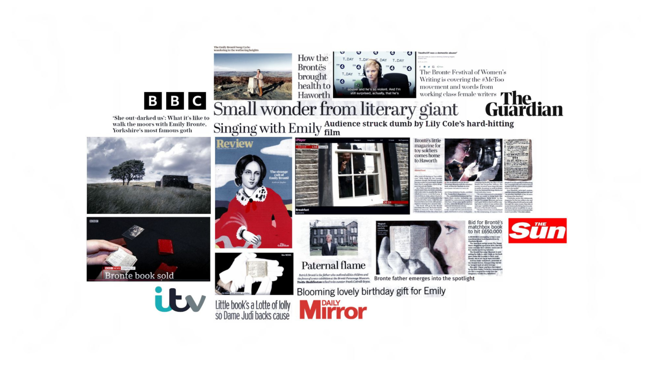 A collage of UK media coverage about Emily Brontë and the Brontë Parsonage, featuring newspaper headlines, magazine covers, and TV screenshots. Logos from BBC, The Guardian, ITV, Daily Mirror, and The Sun appear alongside images of the Yorkshire moors, the Brontë Parsonage, historical manuscripts, book sales, and illustrated portraits of Emily Brontë, highlighting widespread press attention and cultural interest.