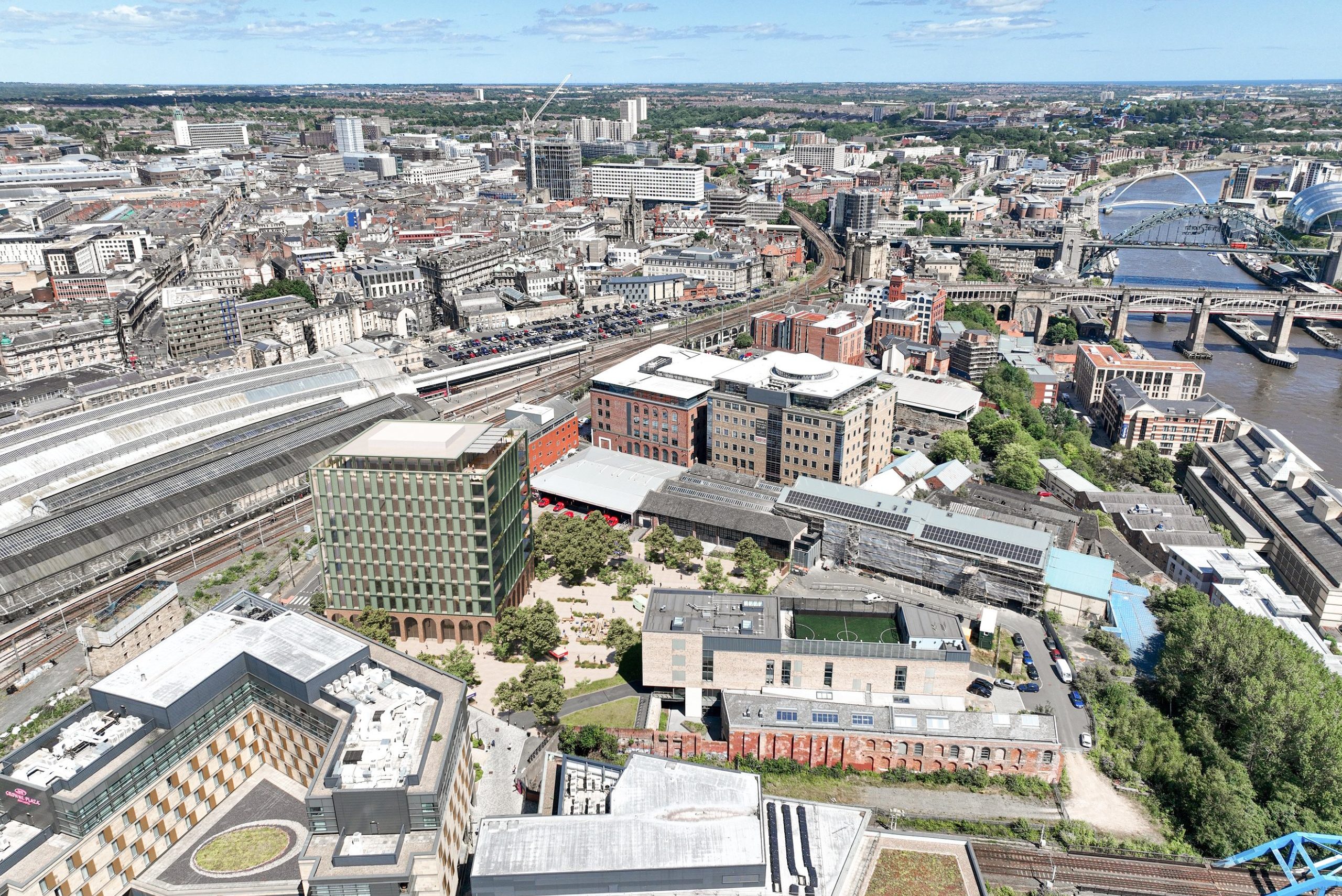Aerial photo of Newcastle, with a CGI image of the modern development One Founders Place in the foreground, including a communal outdoor area with trees.