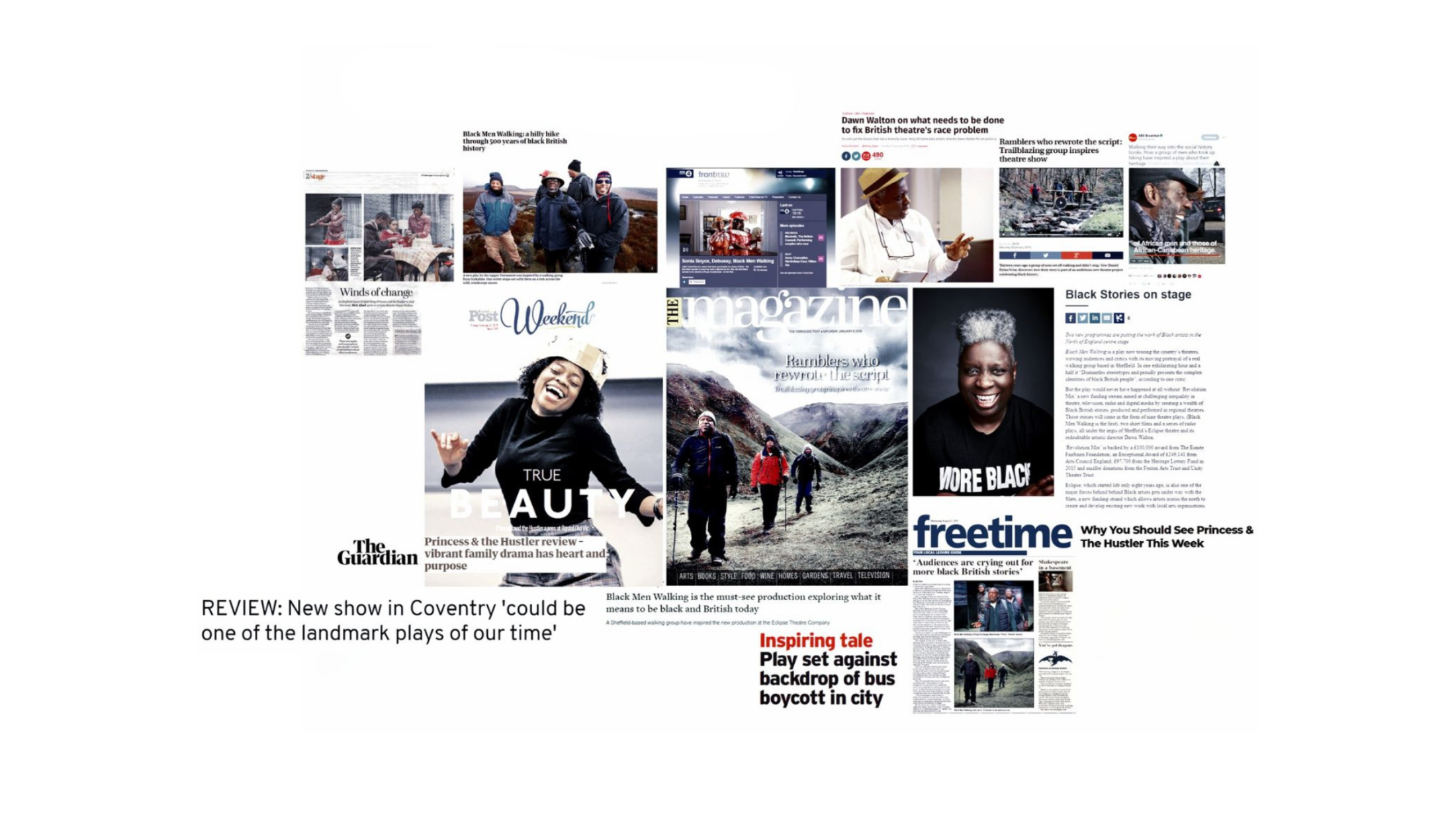 A collage of reviews and feature articles about Eclipse Theatre and Black British storytelling. Coverage from The Guardian, The Times Magazine, BBC, and other outlets highlights productions exploring Black British identity, history, and social change, including Black Men Walking and Princess & the Hustler. Images show performers on stage, people walking in rural landscapes, and portraits of artists, alongside headlines praising the work as powerful, inspiring, and socially significant.