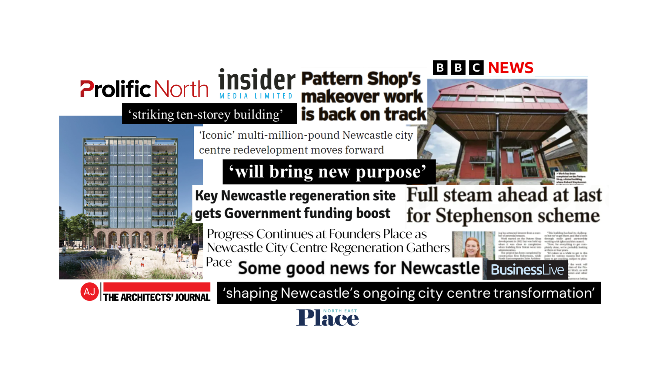 A collage of media coverage about Founders Place, Newcastle city centre. Headlines from BBC News, Insider Media, Prolific North, Business Live, The Architects’ Journal, and Place North East highlight progress at Founders Place, the Stephenson Quarter, and the Pattern Shop redevelopment, including government funding, restored historic buildings, and new mixed-use developments. Images include an architectural rendering of a modern multi-storey building and a photograph of the Pattern Shop structure.