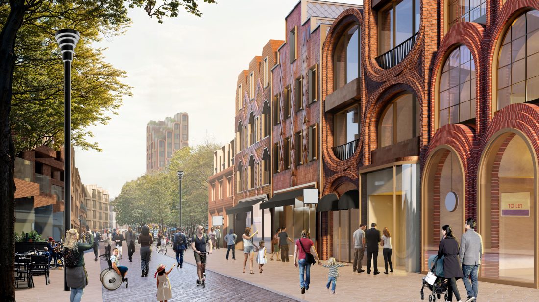CGI image of a bustling urban street, lined by eye-catching, unique buildings with differently shaped windows and rooftops.
