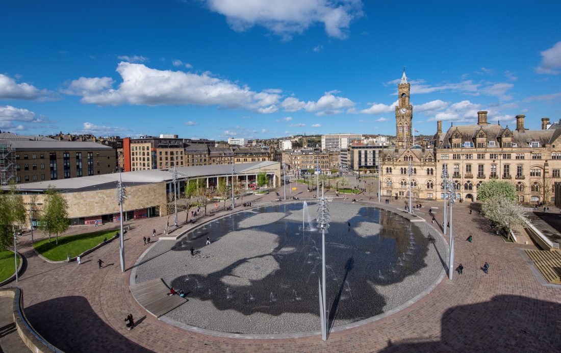 Photo of the view from the top of One City Park looking over the Mirror Pool in Bradford.