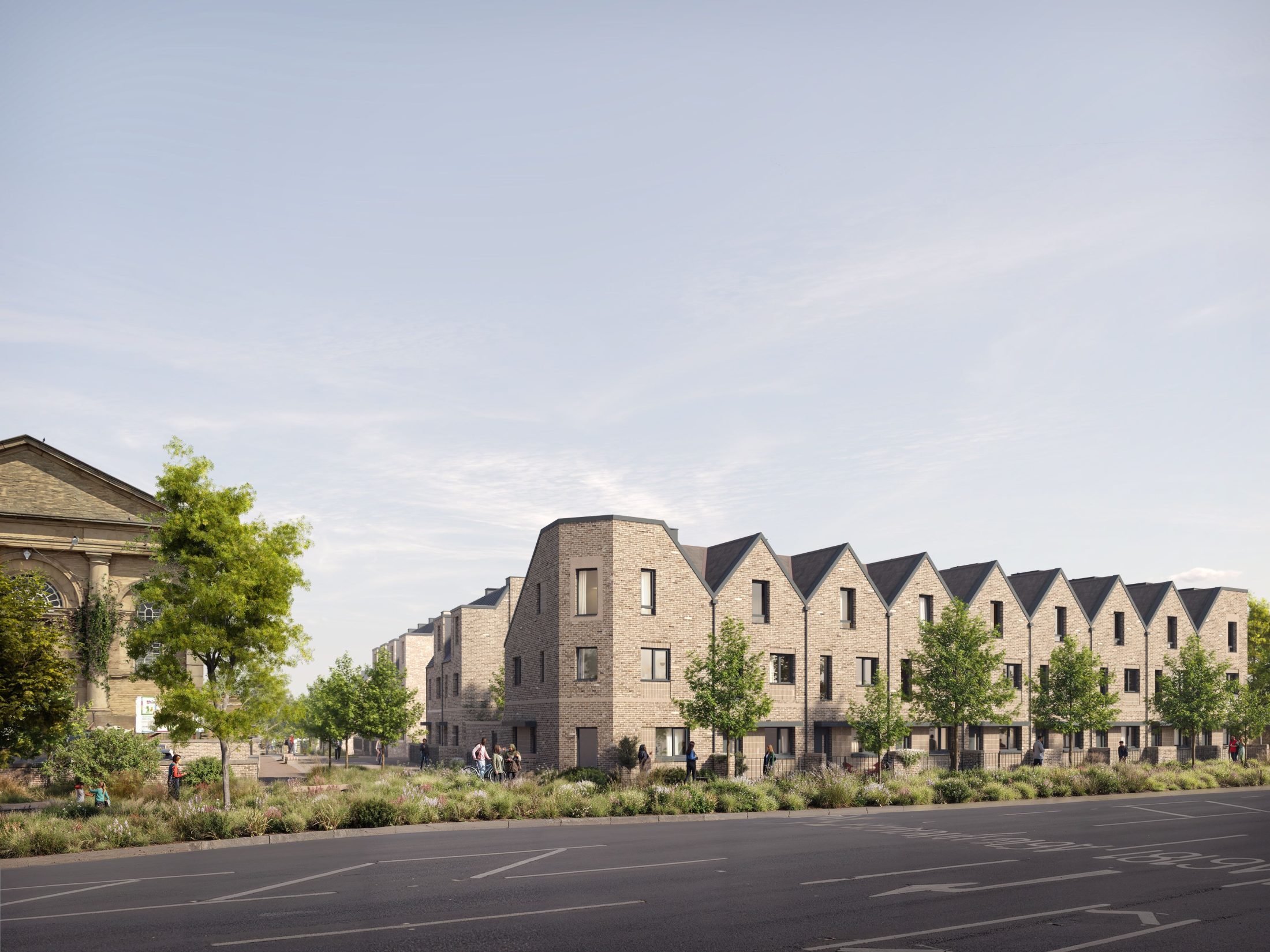 CGI image of a row of light-coloured, modern houses bordered by trees and shrubs, viewed from across the road.