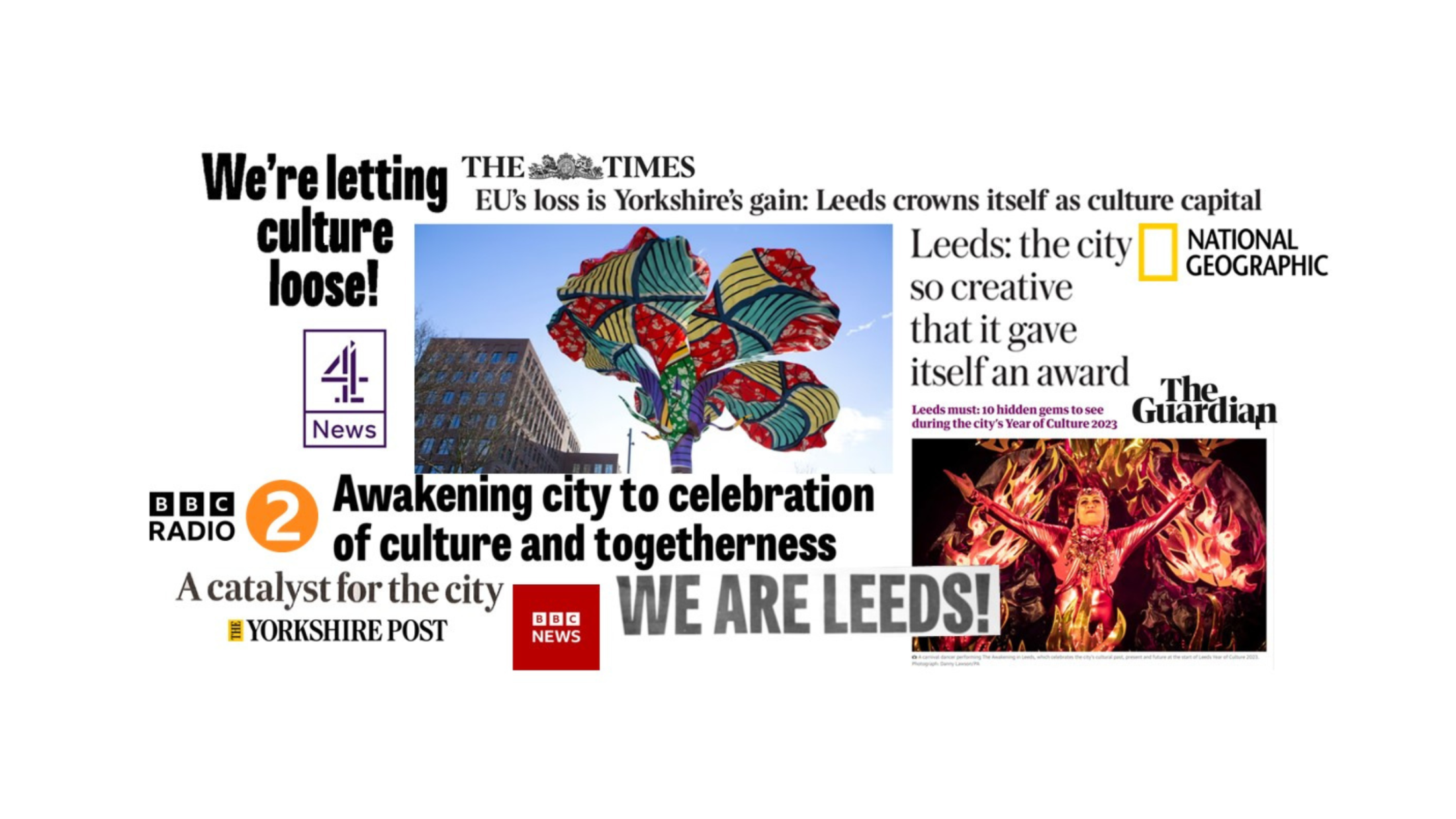 A collage of media coverage celebrating Leeds’ Year of Culture, featuring headlines and logos from The Times, The Guardian, National Geographic, BBC News, BBC Radio 2, Channel 4 News, and The Yorkshire Post. Images include a large colourful public artwork in the city, and a dramatic stage performance with a costumed performer surrounded by flames. Headlines reference Leeds as a creative, award-winning city and an “awakening city” brought together through culture and celebration.