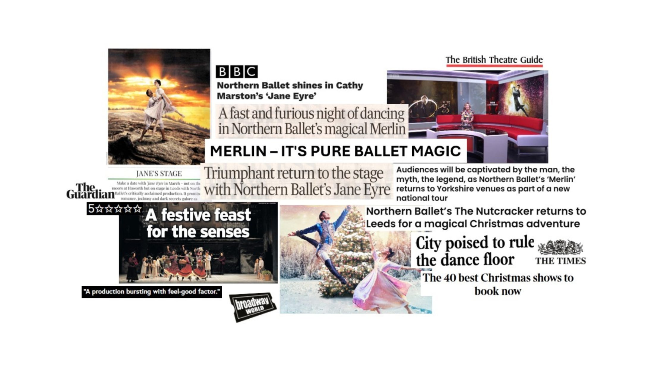 A collage of reviews and media coverage celebrating Northern Ballet productions. Headlines and logos from BBC, The Guardian, The Times, The British Theatre Guide, and Broadway World appear alongside images of ballet dancers performing in productions including Jane Eyre, Merlin, and The Nutcracker. The visuals show dramatic stage scenes, festive winter choreography, and studio interviews, highlighting critical acclaim, national tours, and the company’s artistic excellence.
