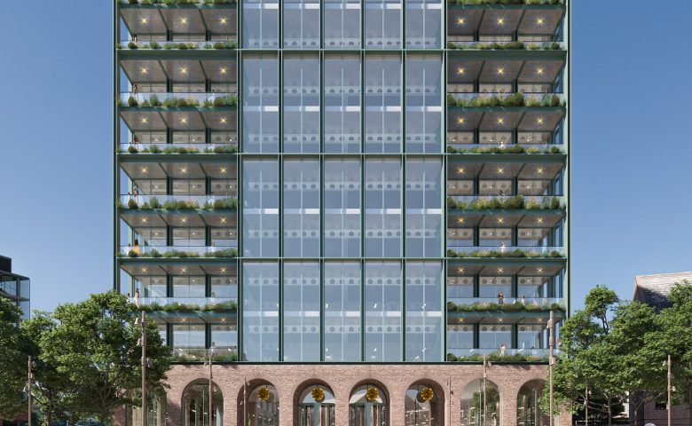 CGI of a modern mid-rise building with a brick-arched ground floor opening onto a landscaped public plaza. Above, a glass-and-steel facade rises symmetrically with planted balconies on each level. People walk, sit, and children play in the foreground under a clear blue sky, emphasizing a lively, community-oriented setting.