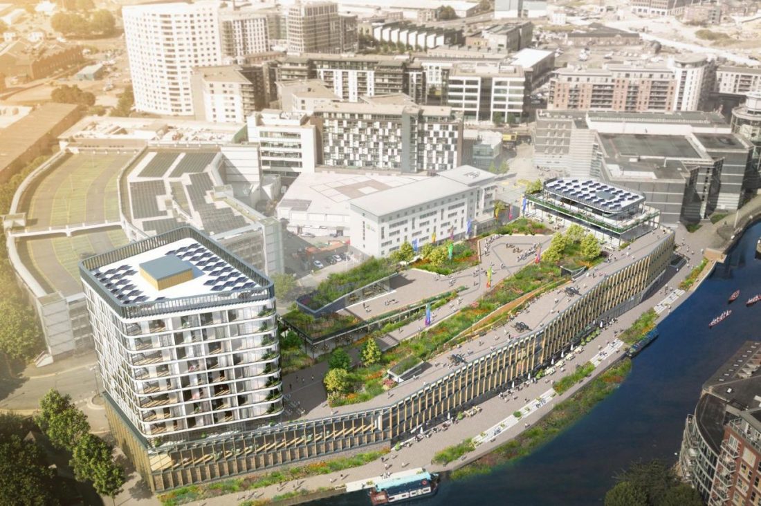 CGI image of the proposed development of the Royal Armouries in Leeds – a modern building by the river, with gardens stretching along its top level.