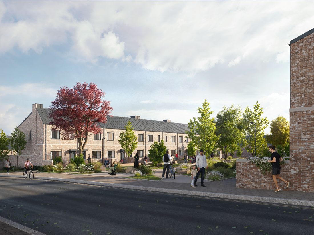 CGI image of a row of light-coloured, modern houses, with trees and greenery in front of them, and people walking and cycling in the foreground.