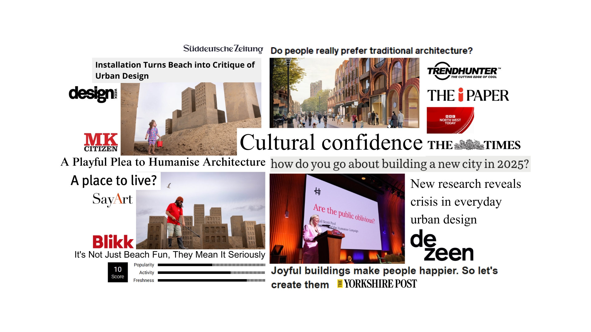 A collage of international media coverage discussing architecture, urban design, and public space. Headlines from Süddeutsche Zeitung, The Times, Dezeen, Design Week, Trendhunter, MK Citizen, SayArt, The i Paper, BBC North West Today, and The Yorkshire Post surround images of a large sandcastle-style architectural installation on a beach, people interacting with urban-scale structures, and a speaker presenting on stage. The coverage explores themes of human-centred design, cultural confidence, critiques of modern urban planning, and how architecture affects everyday life and happiness.