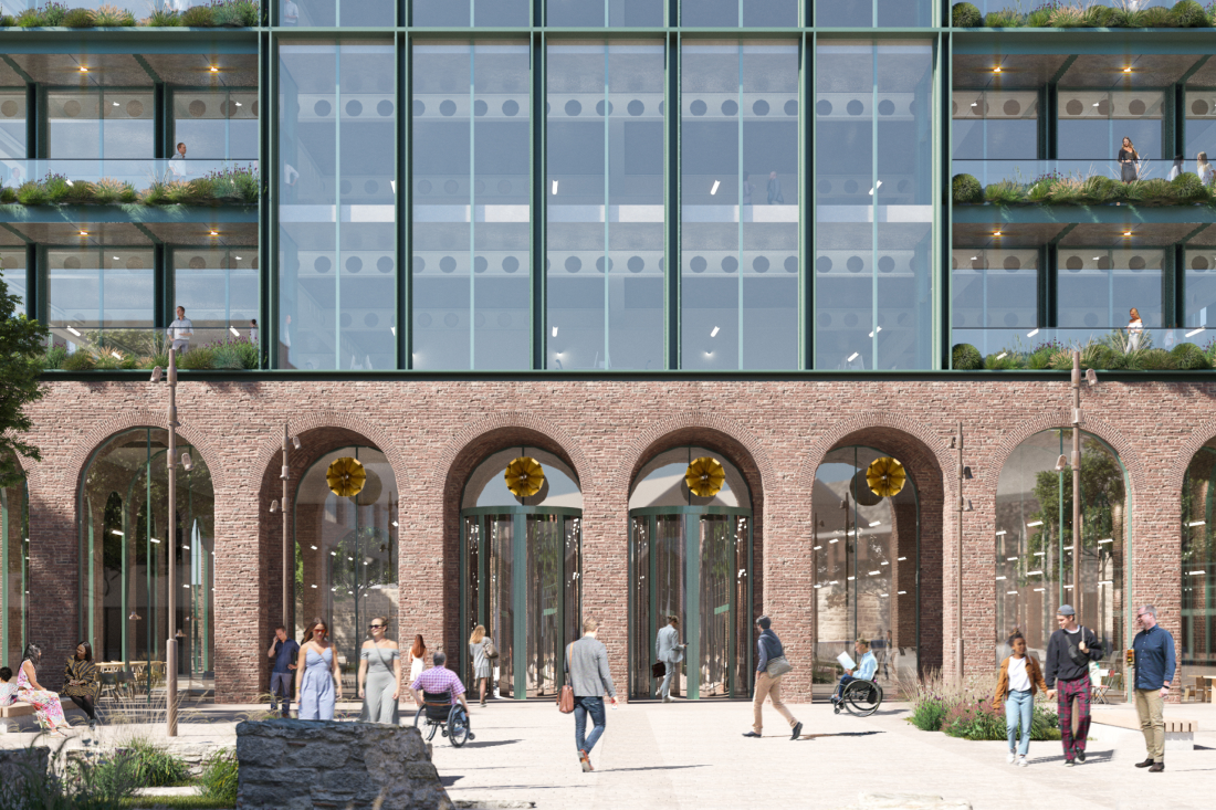 A CGI representation of a modern glass-fronted building sitting above a brick arcade, with people walking, sitting, and passing through a landscaped public plaza.